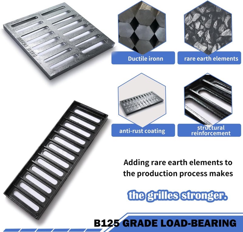 Facoba Cast Iron Drain Grate, 9 * 9in Outdoor Drain Cover, B125 Class Ductile Iron Channel Drainage Grates, Heavy Duty Sewer Grate,Black Square Drain Grate for Yard,Driveway,Concrete Floor - Image 4